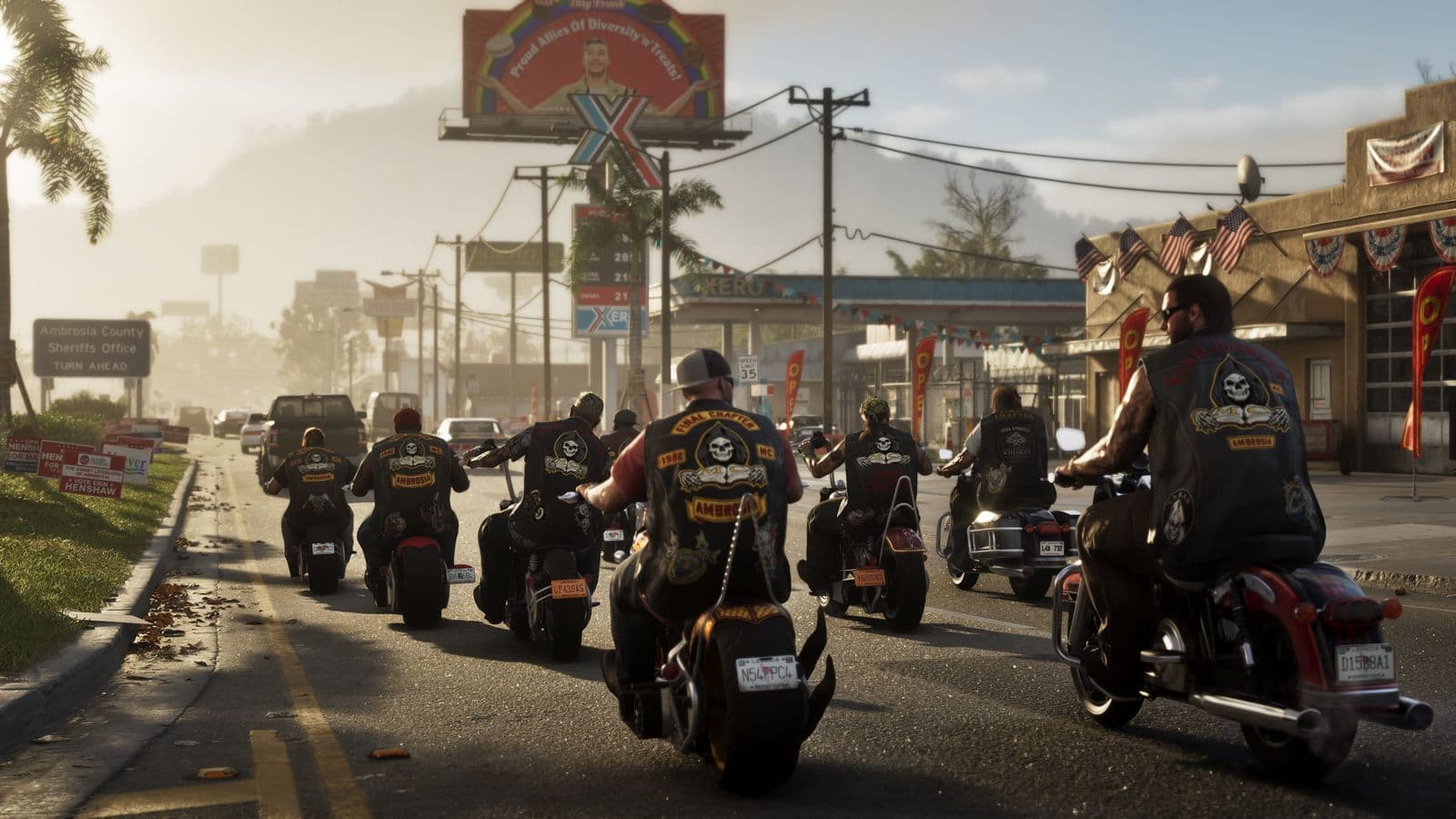 A biker gang riding down the main street of Ambrosia