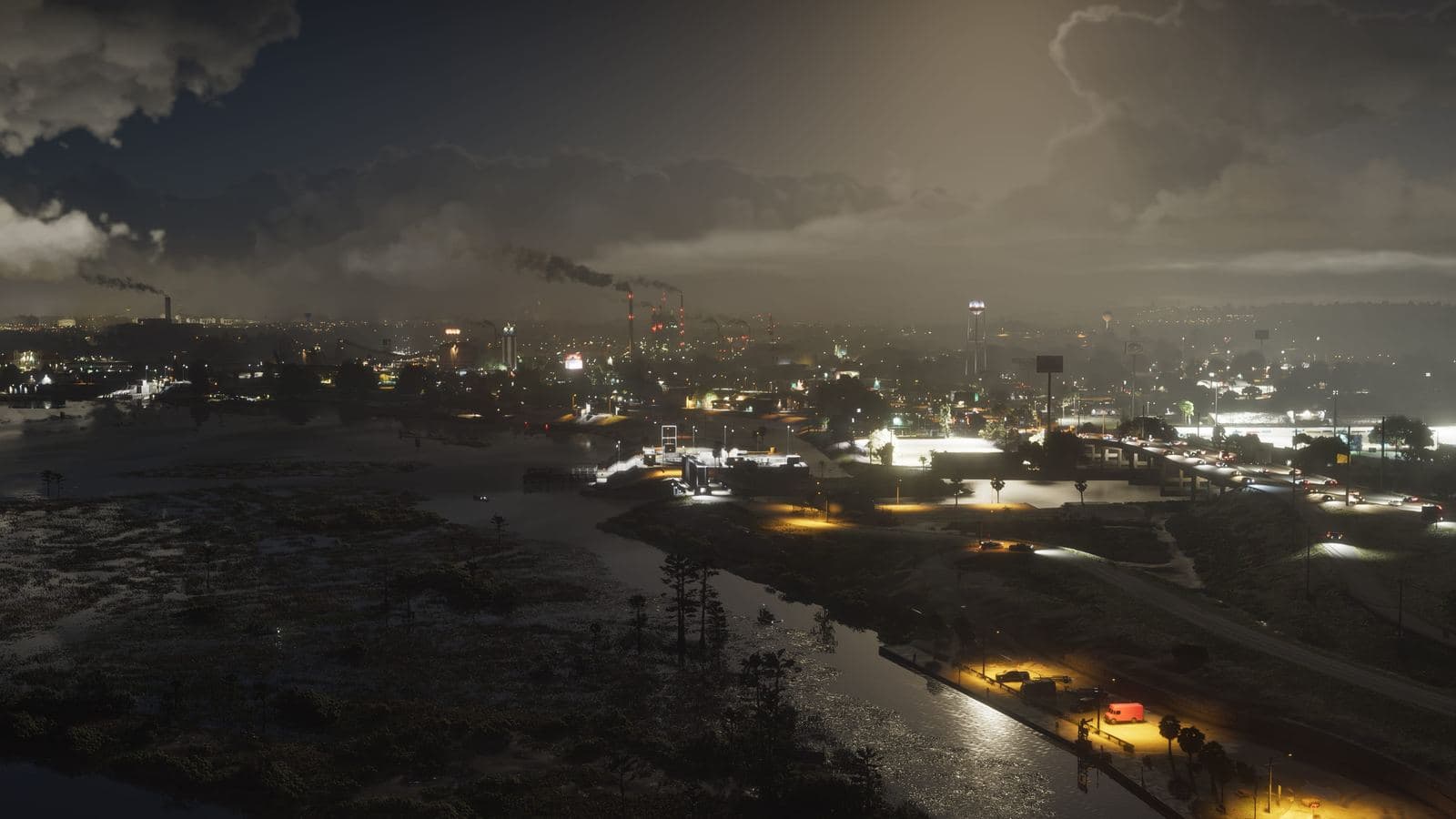 Ambrosia at night, smoke rising from refinery stacks above the lit town