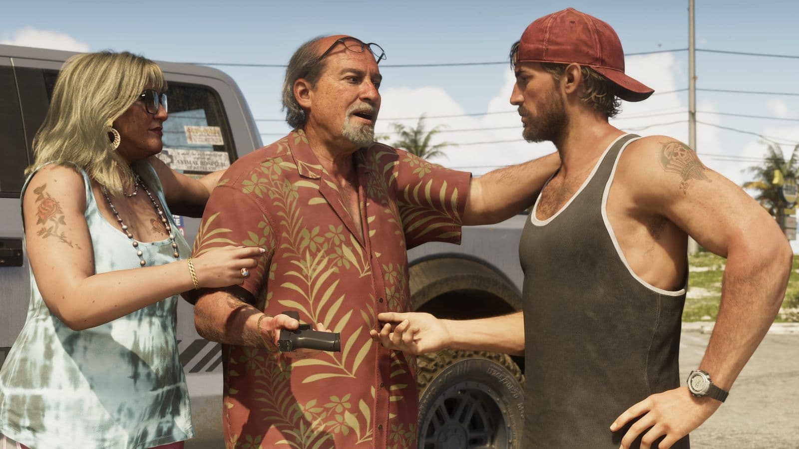 Brian Heder handing a pistol to Jason Duval in front of a pickup truck, with a woman standing behind him