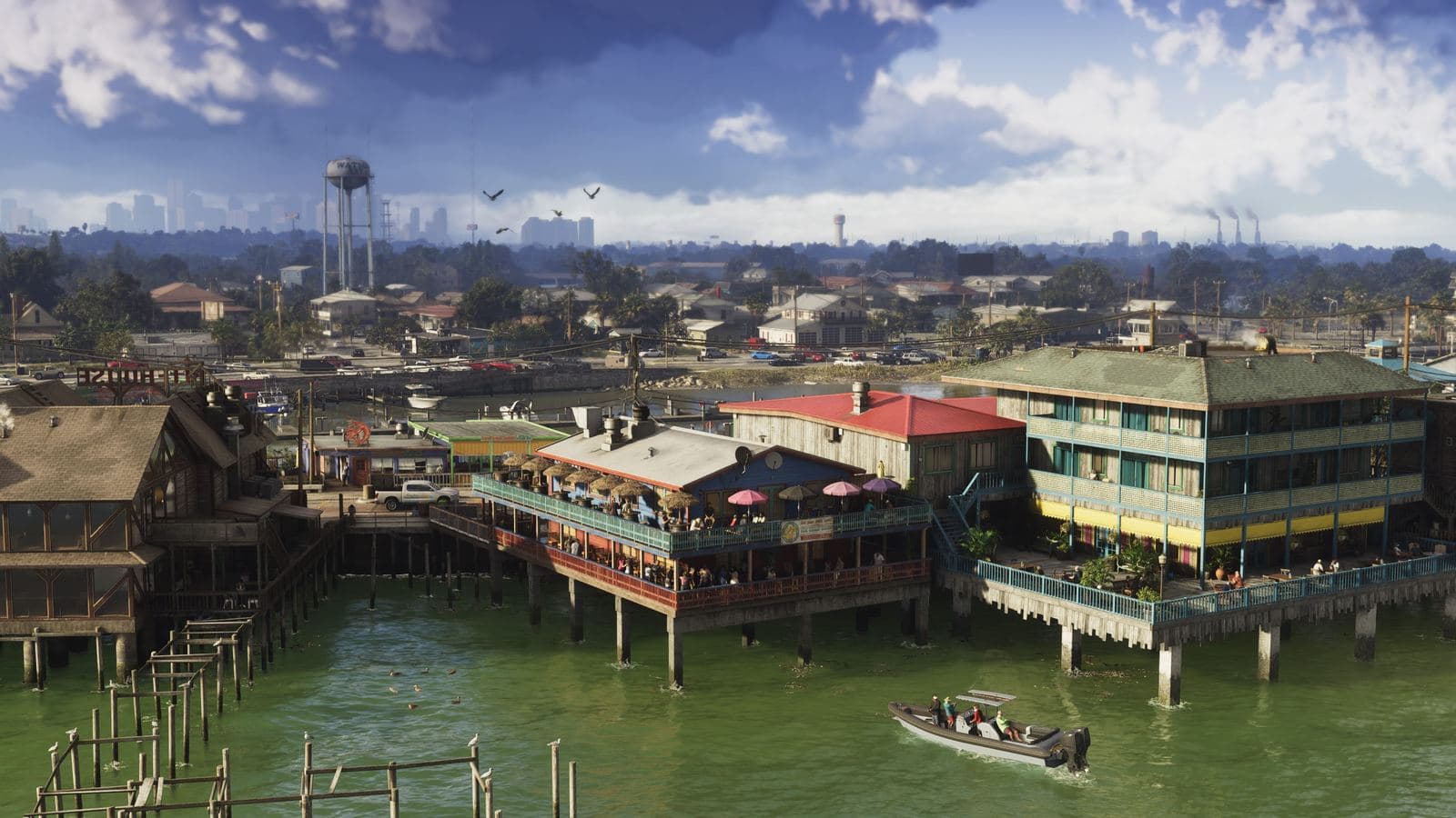 A speedboat heading towards waterfront buildings on piers, with the Vice City skyline in the distance