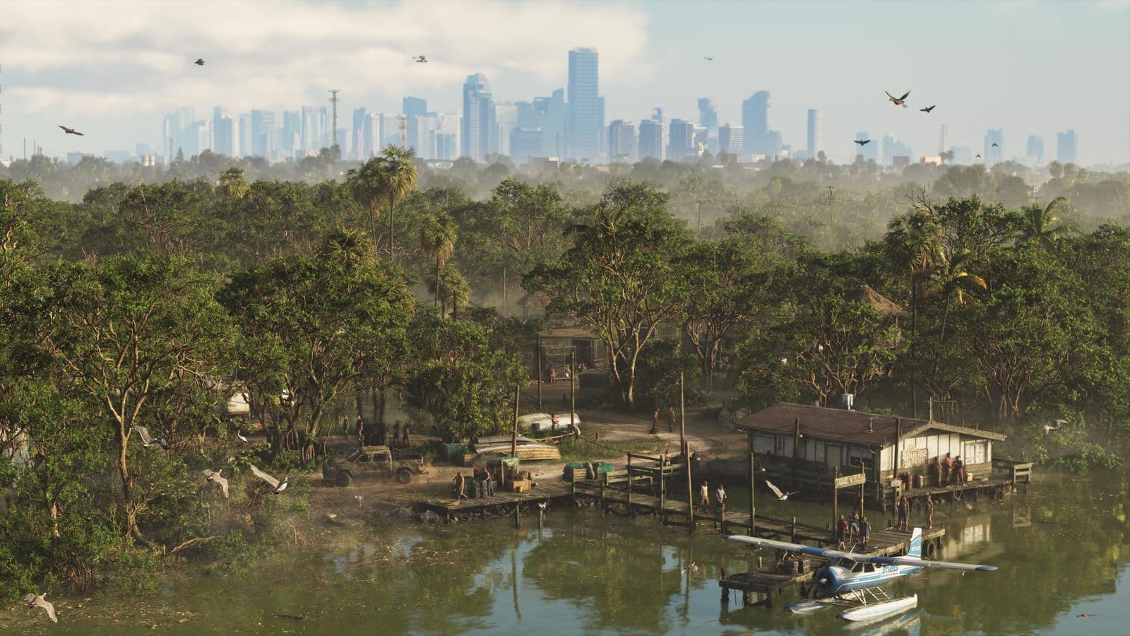 The Grassrivers wetlands, with a seaplane by a wooden dock and the Vice City skyline in the distance