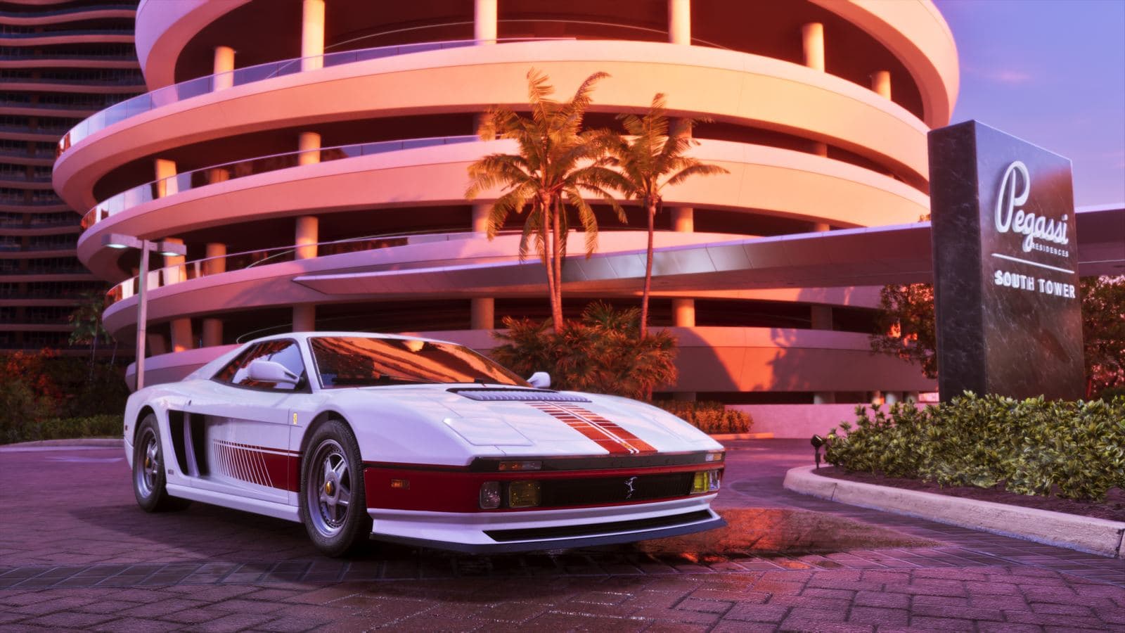 Ein weißer ’95 Grotti Cheetah mit roten Streifen, geparkt vor einem geschwungenen Apartmentturm in der Abenddämmerung