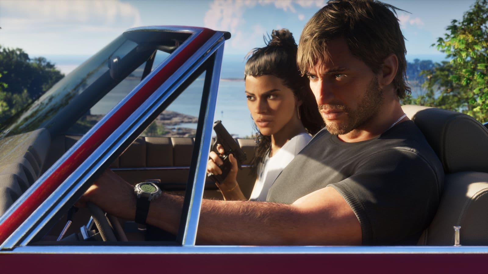 Jason drives an open-top car along the coast with Lucia beside him holding a pistol