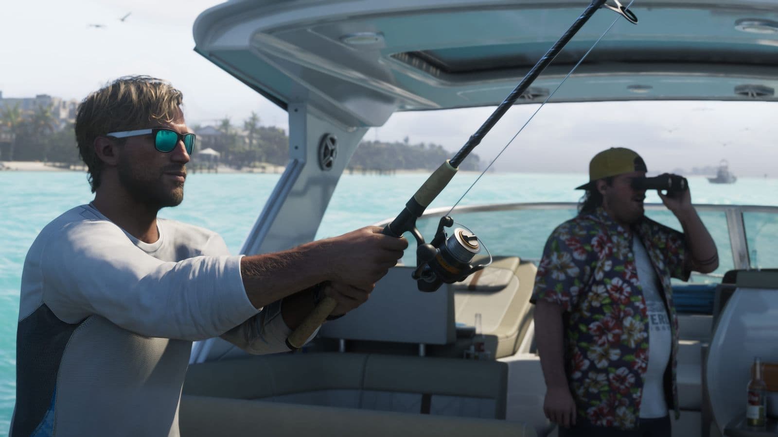 Jason Duval fishing from a boat while Cal Hampton looks through binoculars
