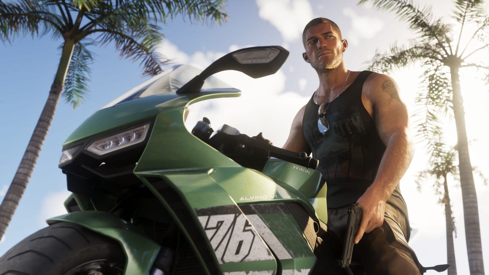 Jason Duval with a pistol beside a green sports motorbike under palm trees