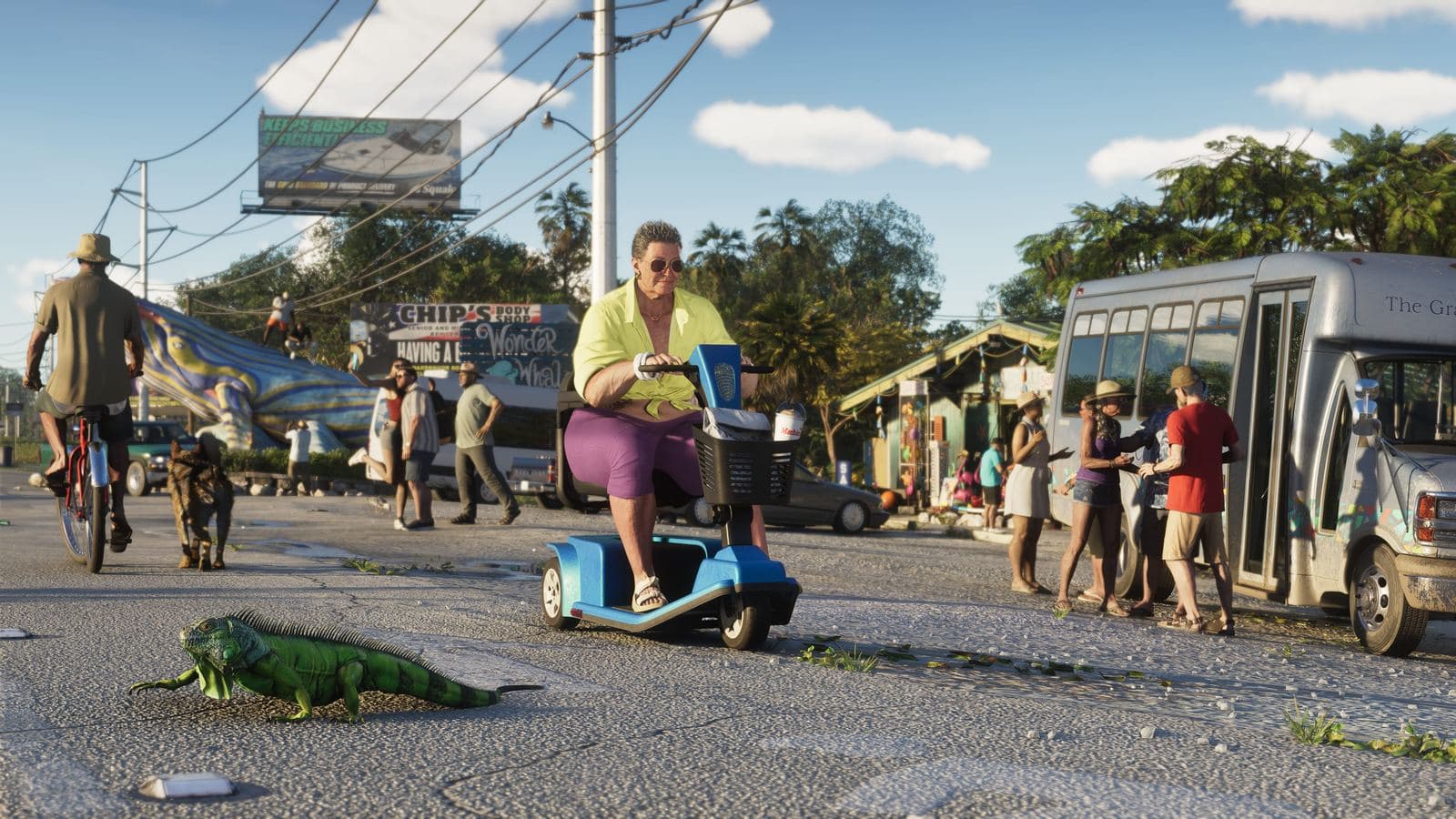 An iguana crosses the road in front of a woman on a mobility scooter in the Leonida Keys