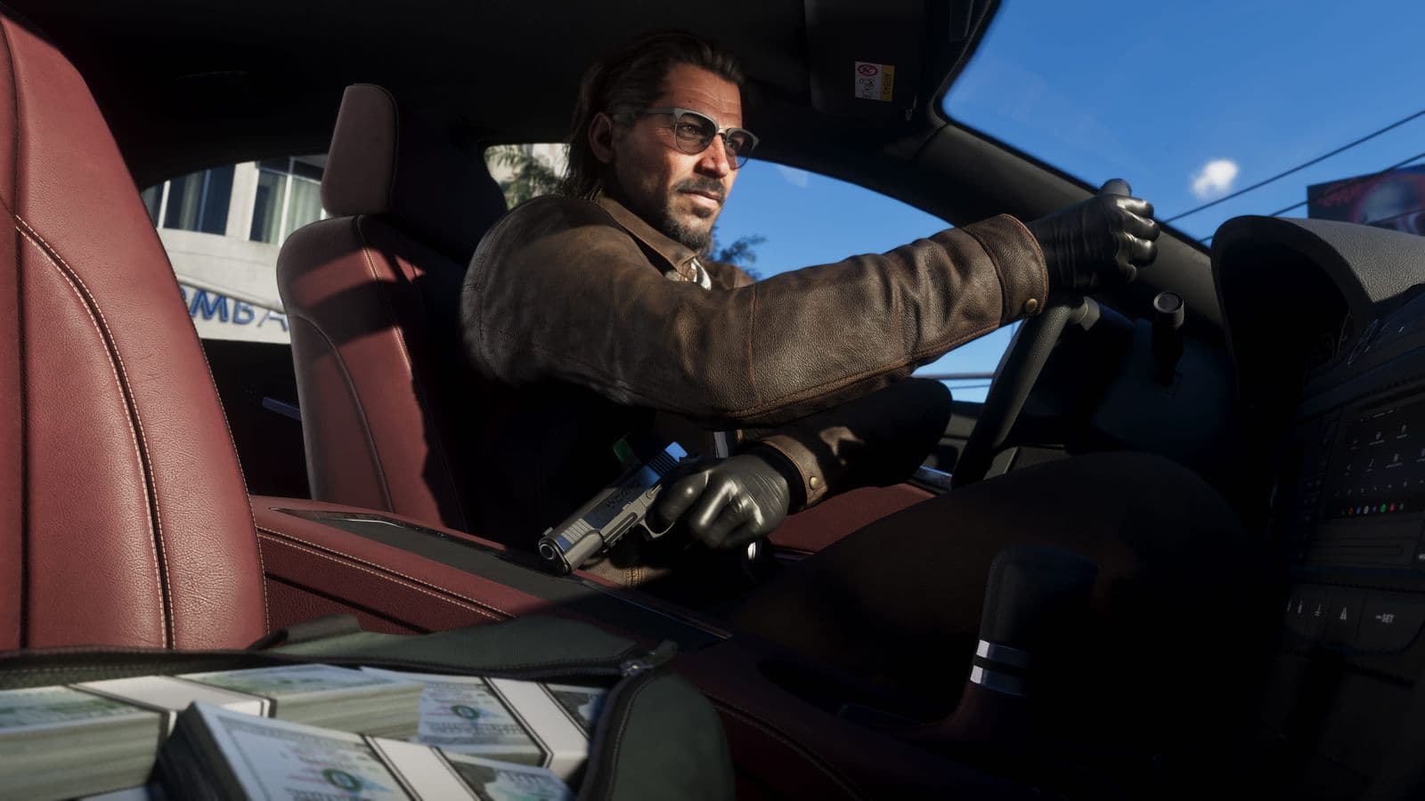 Raul Bautista driving with a pistol in his gloved hand and stacks of cash on the seat