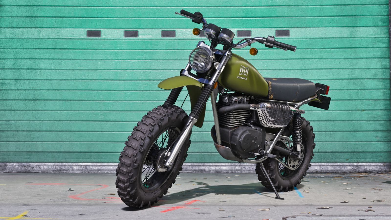An olive-green vintage dirt bike parked in front of a teal garage door