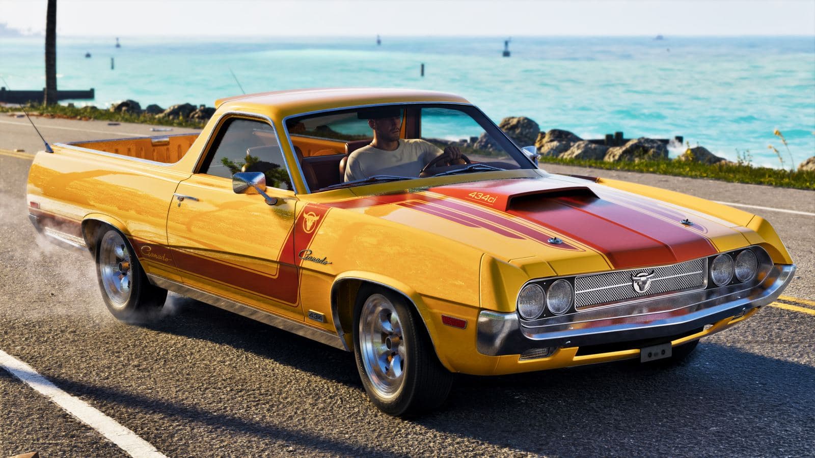 A yellow Vapid Ganado coupé utility in a retro build with an orange hood stripe, driving along the coast