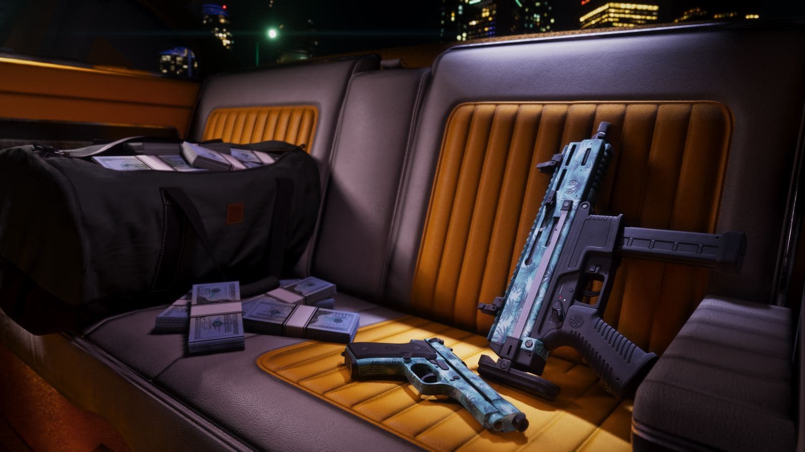 A pistol and a submachine gun in the Vintage Vice City weapon pattern on a car’s back seat, beside a duffel bag and cash